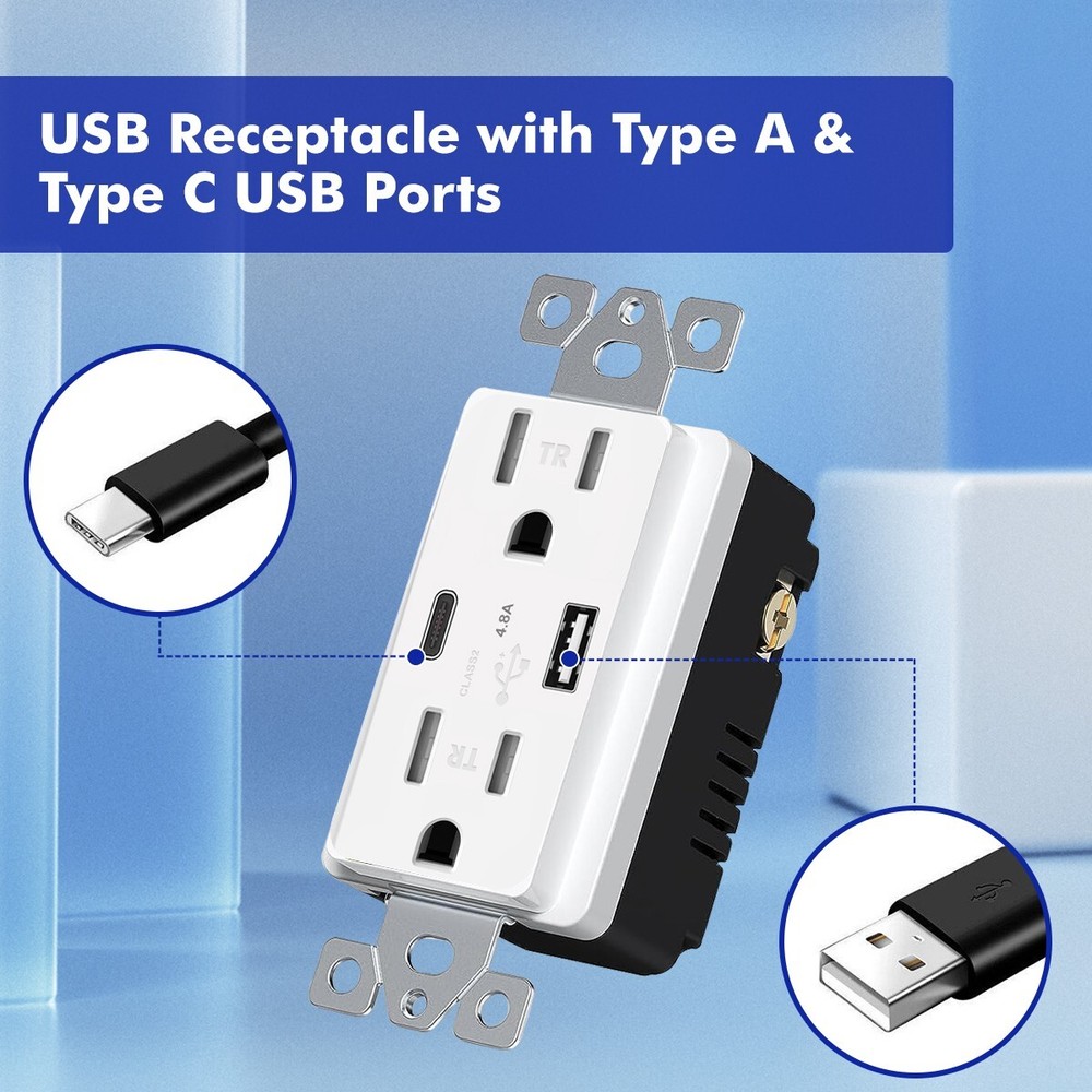 4.8A USB Type C Wall Outlet Duplex Receptacle 15 Amp, Tamper Resistant, 2pack