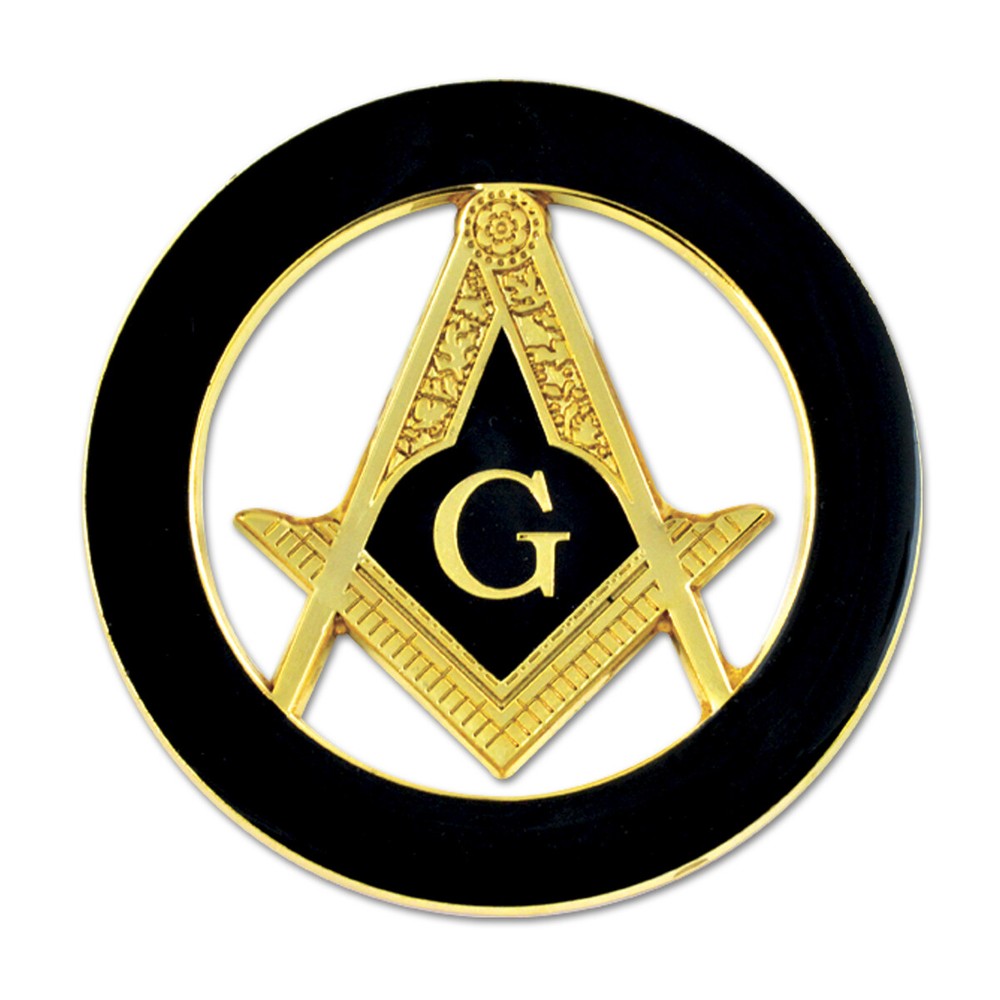 Square & Compass Round Masonic Auto Emblem - [Black & Gold][3'' Diameter]