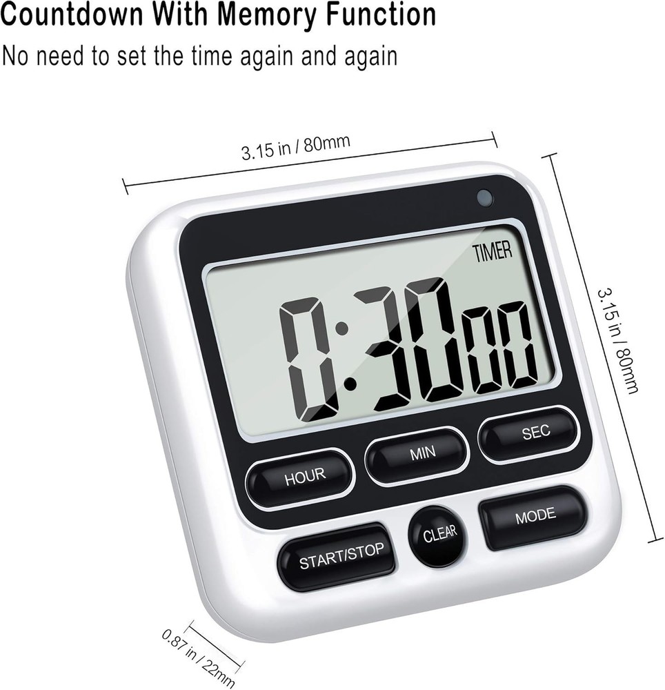 Digital Kitchen Timer 12-Hour Clock Count Up/Down Mute Alarm Large LCD Black