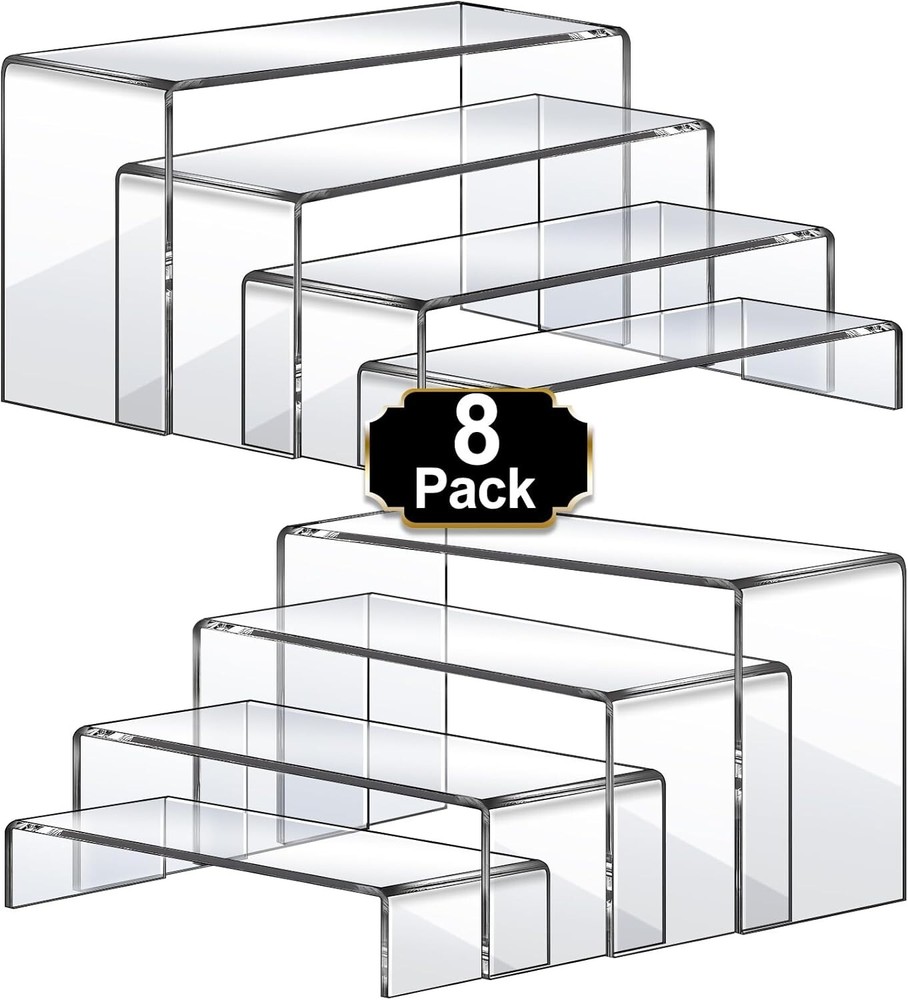 Large Acrylic Risers 8 Pcs 2 Set Display Rectangular Stands Shelf Clear NEW