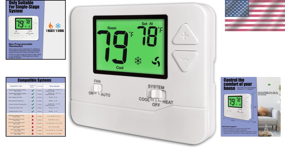 User-Friendly Non-Programmable Thermostat for Single-Stage Heating and Cooling