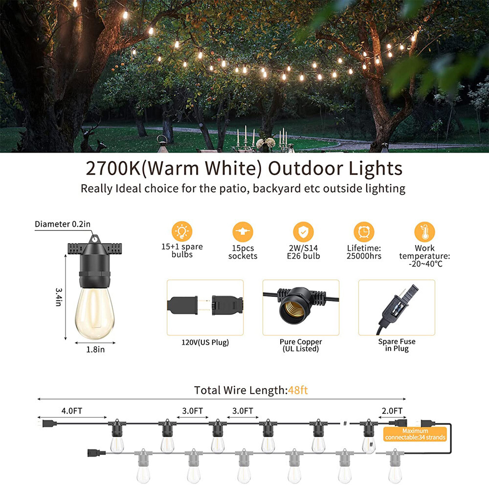 48FT Outdoor LED String Light IP65 S14 Edison Bulb Remote Dimmer Timer Garden US