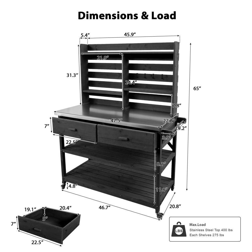 64.9"H Solid Wood Potting Bench Table w/ Lockable Wheels,Outdoor Kitchen Storage