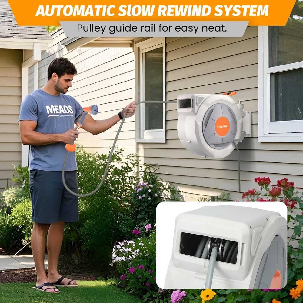 Retractable Hose Reel 5/8 x 65ft 9 Function Nozzle Auto Rewind Wall Mount Swivel