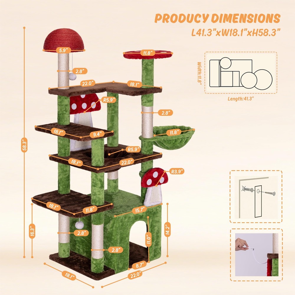 Ironck Mushroom Cat Tree 58 Multi Level Tower Green Model Qr 0001