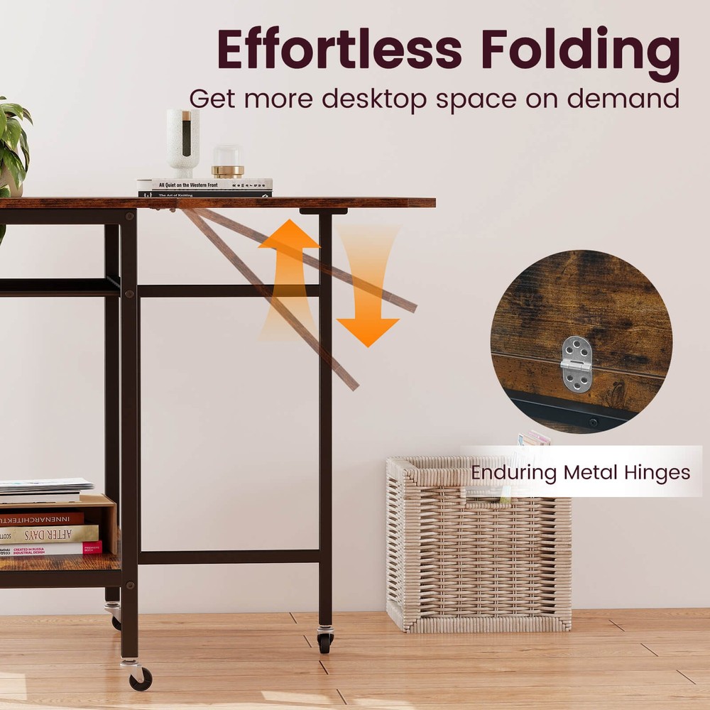 Folding Dining Table Movable Kitchen Table with Wine Rack Storage Shelf & Wheels