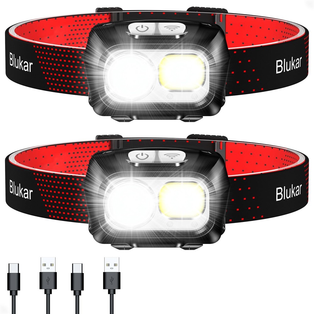 Blukar LED Headlamp Rechargeable,2000L Super Bright Headlight 2 Pack, Black
