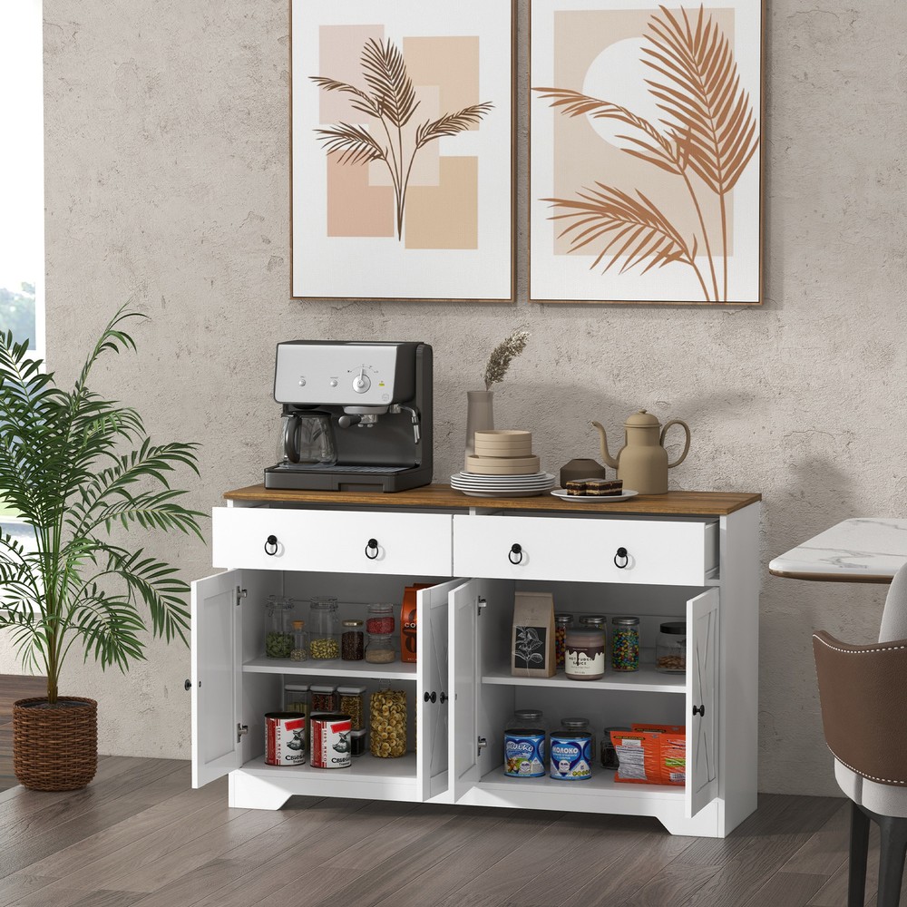 Kitchen Sideboard, Buffet Cabinet with Barn Doors, Adjustable Shelf, White