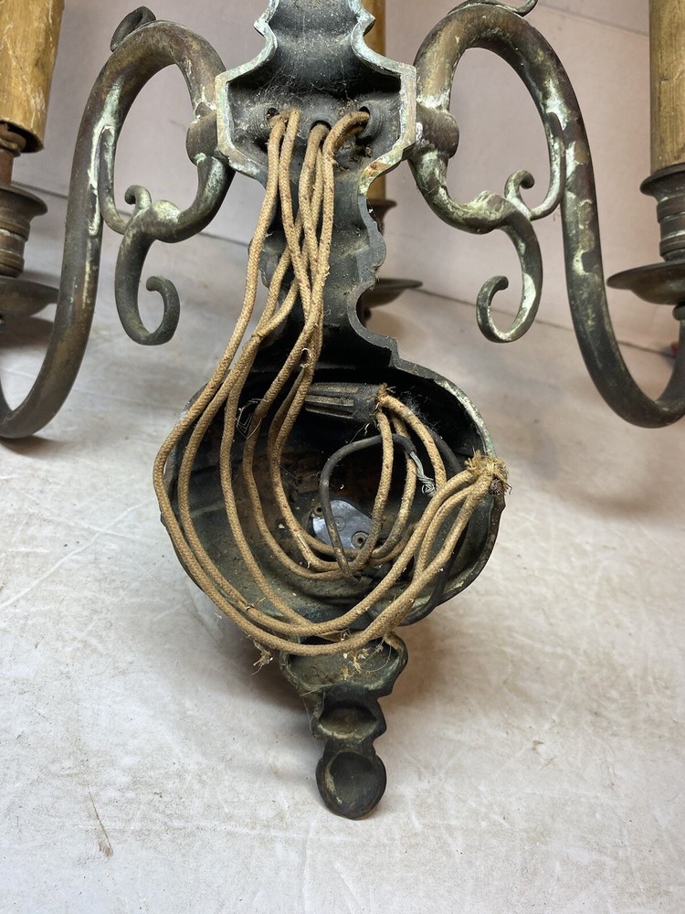 Antique Pair Brass Wall Hanging 3 Socket Light Sconces