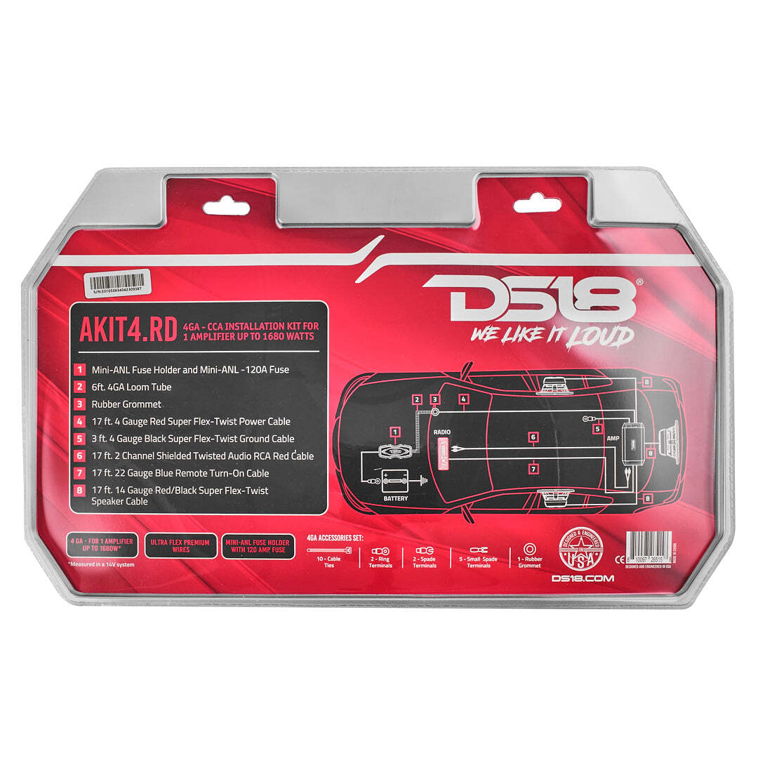 DS18 AKIT4.RD 4-GA Amplifier Installation Kit - Up to 1680 Watts RMS