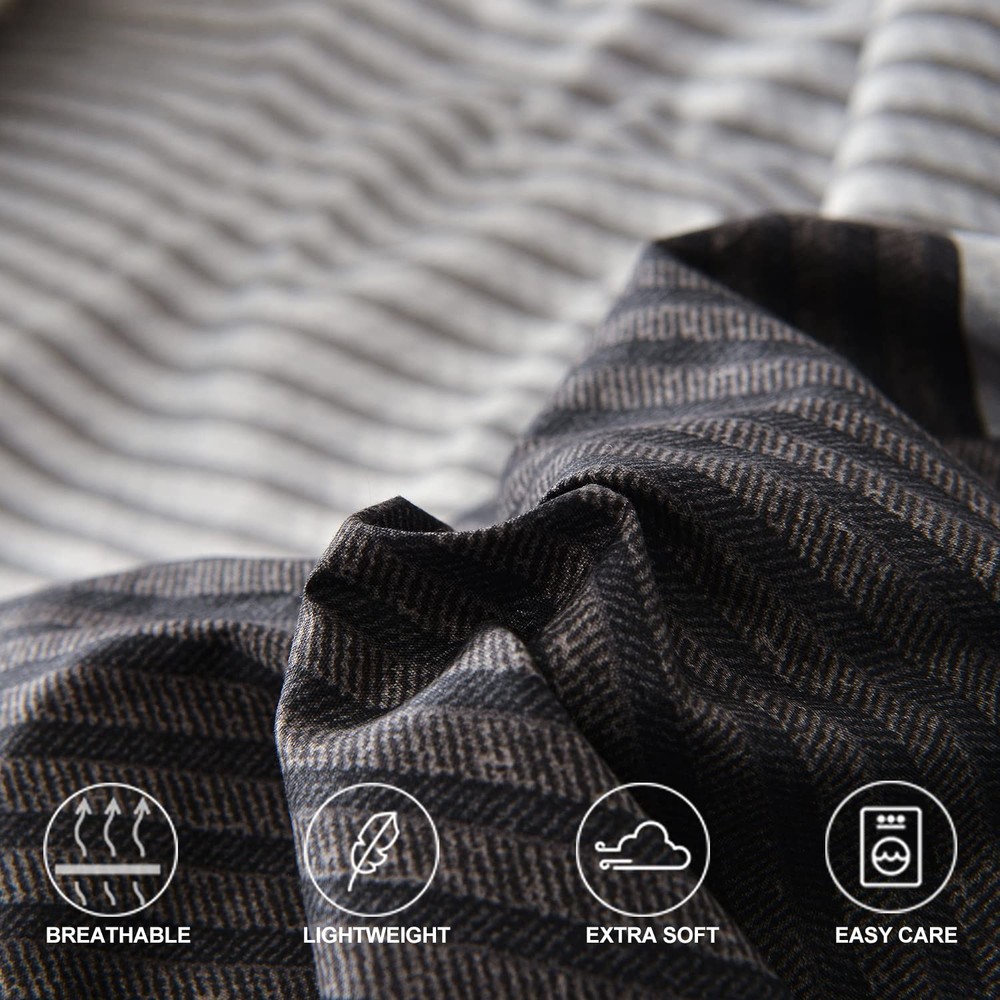 Faincy Full Comforter Set, Grey & Black Patchwork Stripe Pattern Print Reversibl