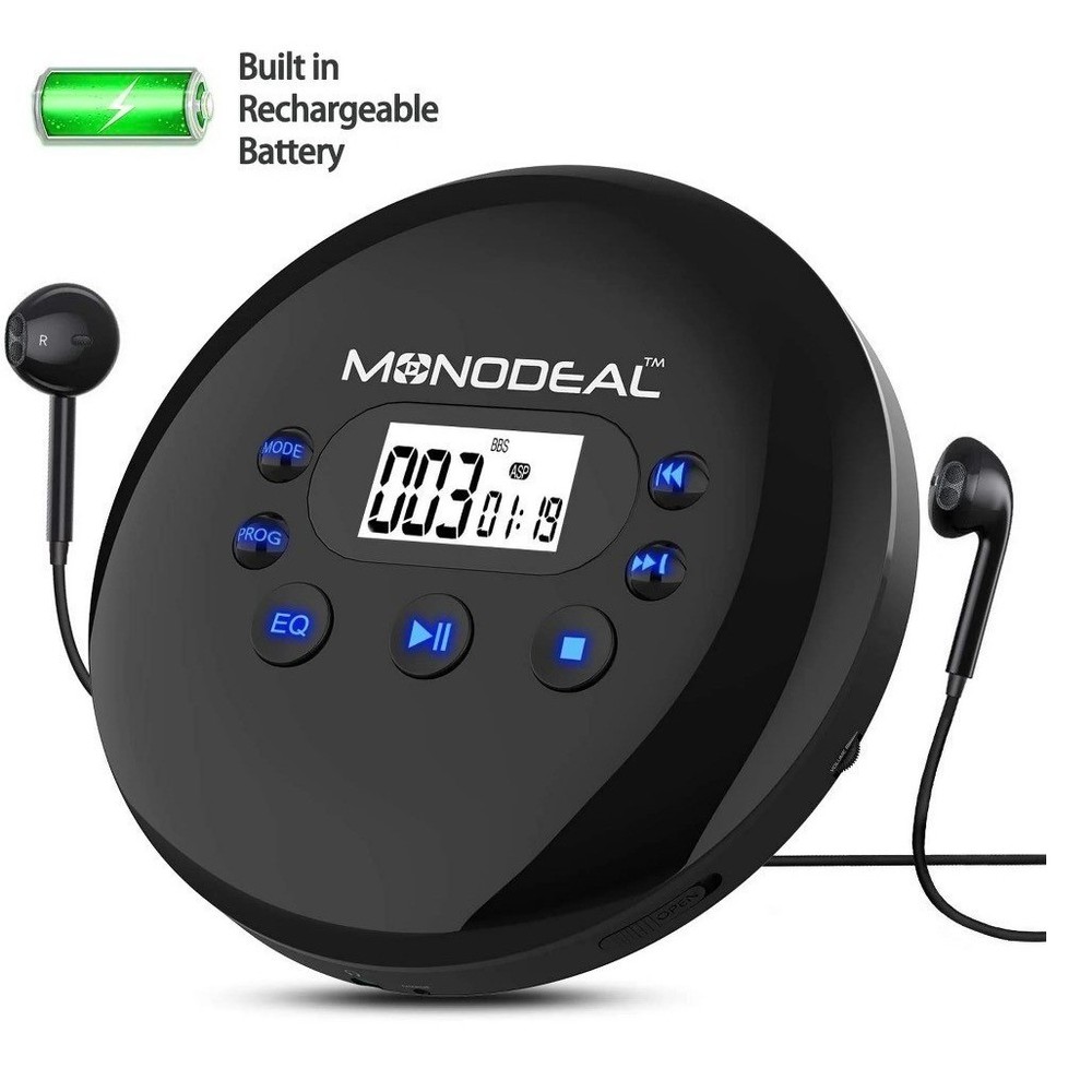 Monodeal Portable Rechargeable CD MP3 Player Programable AUX Anti-Skip 15 Hour