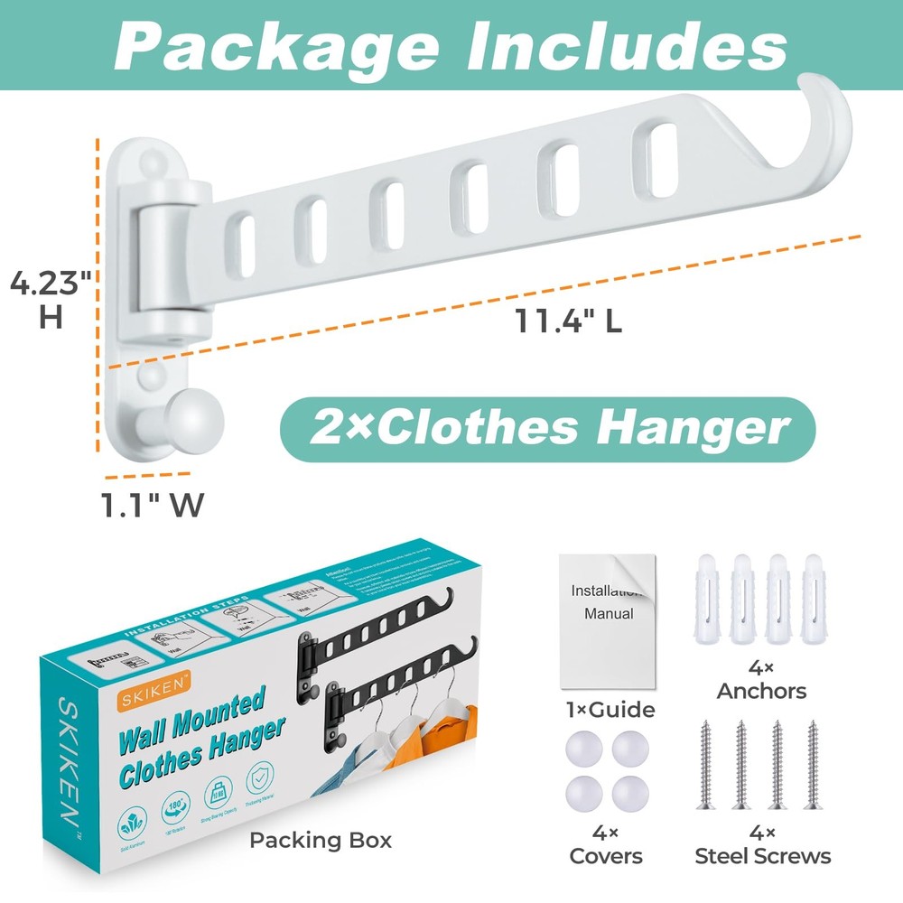 2 PCS White Wall Mounted Swing Arm Laundry Drying Rack With 6 Hole Foldable