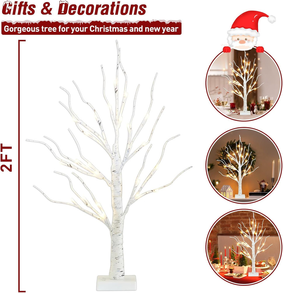 PEIDUO Artificial Tree for Christmas Decorations, 2FT Birch Tree with LED Lights