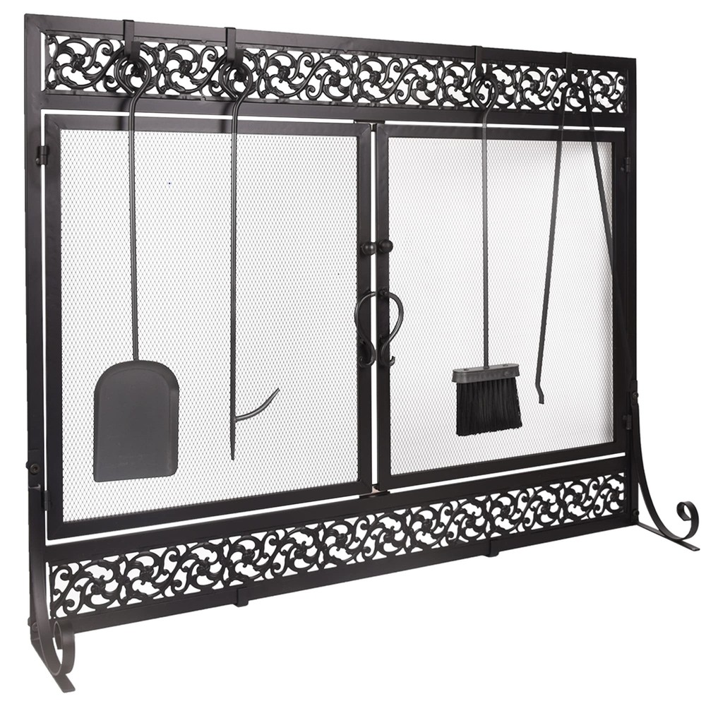39x31" Black Metal Fireplace Screen Scrollwork Two-Doors Large Flat Guard Screen