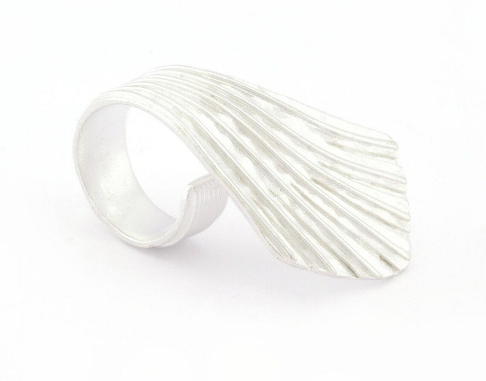 Leaf Hammered Ring Adjustable Shiny Silver Plated Brass (7US-9US inner size)4808