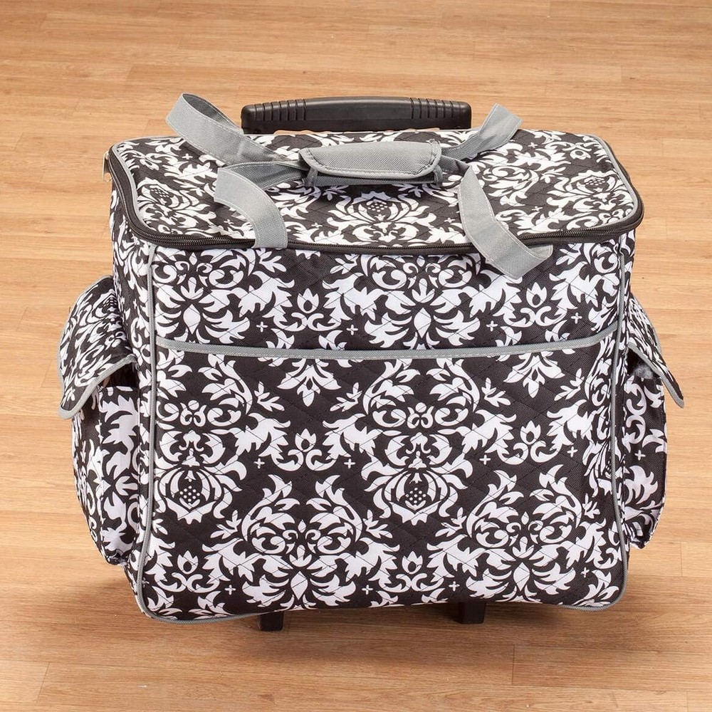 Rolling Sewing Machine Tote with 6 Storage Pockets - Damask (Large)