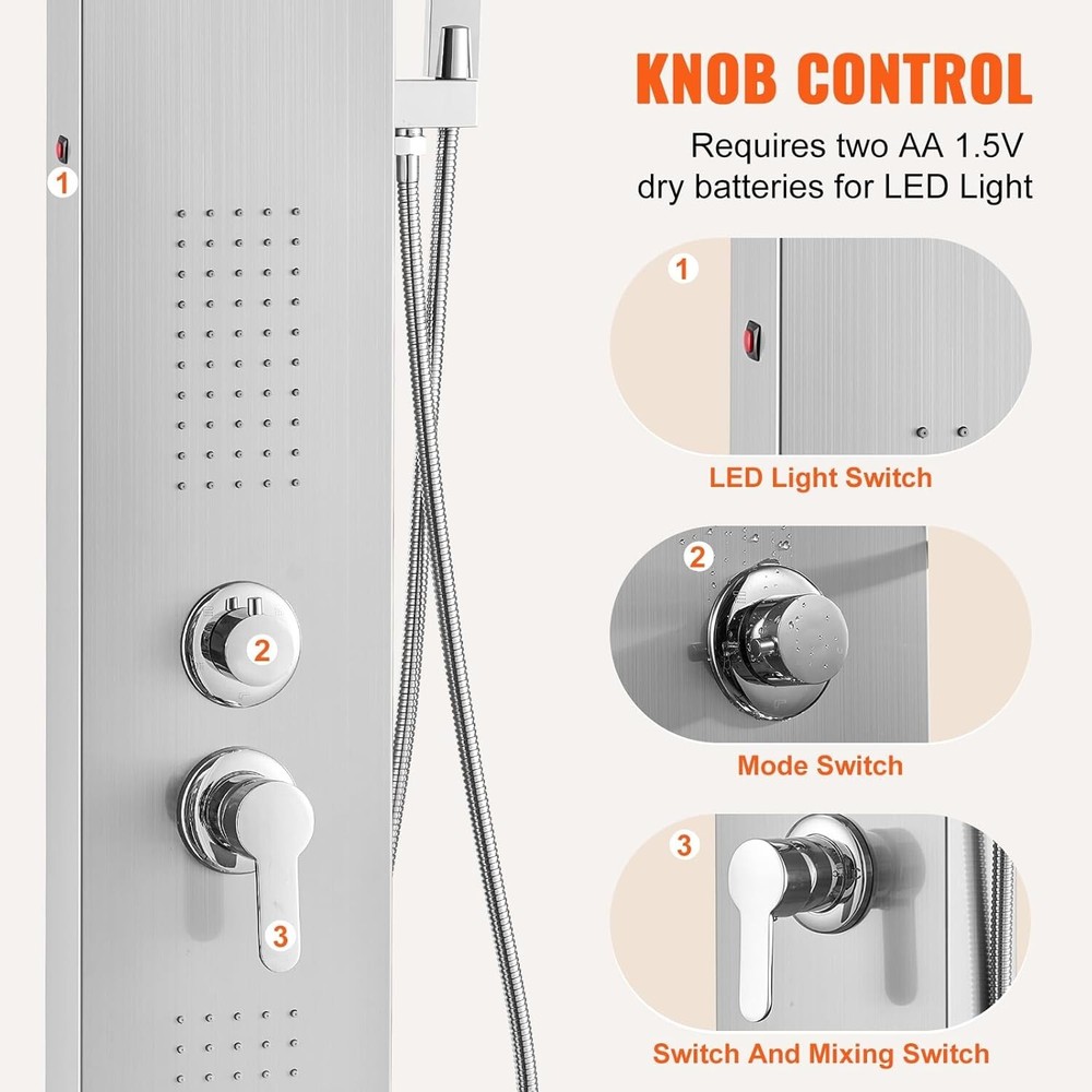 Shower Panel System, , LED Shower Panel Tower, Rainfall, Waterfall, 2 Body Ma...