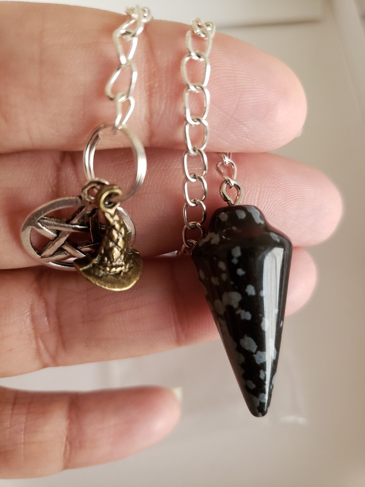 Snowflake Obsidian Pendulum Witch Hat Pentagram Reading Divination BONUS Gift