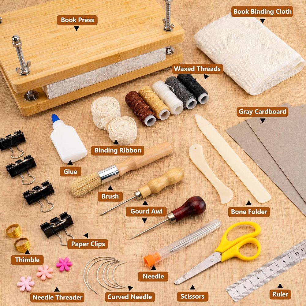 Professional Book Binding Kit with Press, Bone Folder, and Waxed Thread