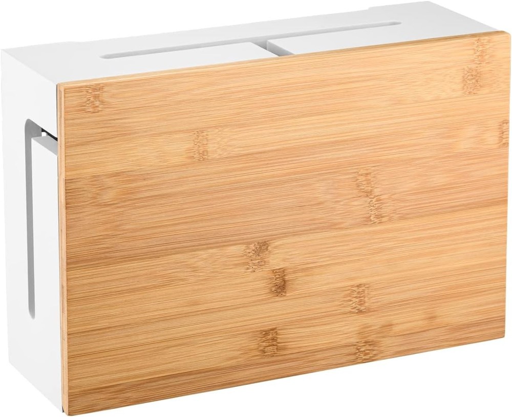 Cable Management Box With Magnetic Bamboo Lid & Cable Ties Elegant Durable Cable