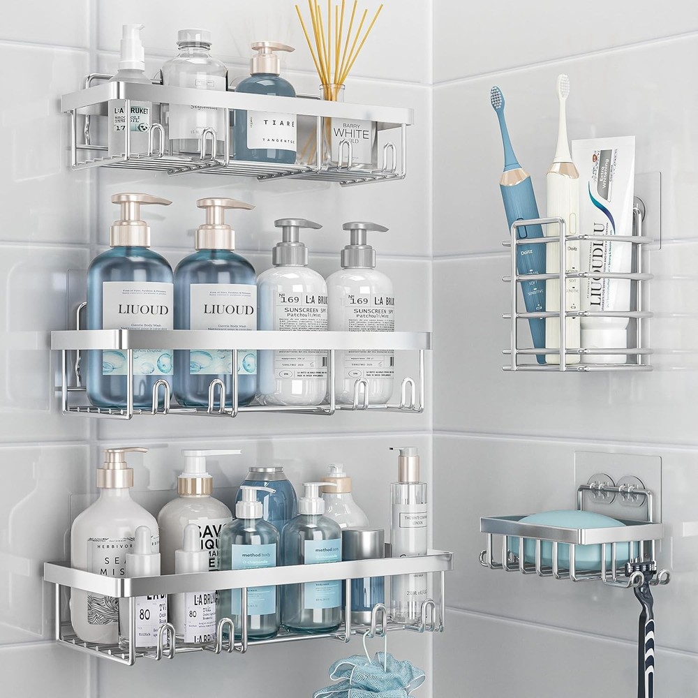 Rustproof 5-Piece Shower Caddy Set – Easy Adhesive Installation & Large Capacity