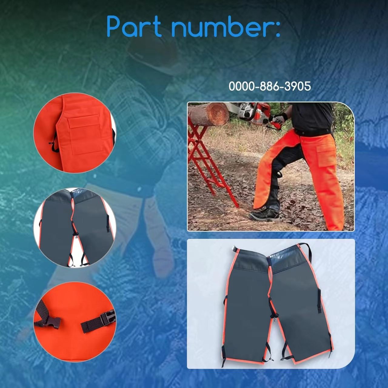 0000-886-3905 Chain Saw Protective Chaps-Orange Fits Men Waist 22-39" Adjustable