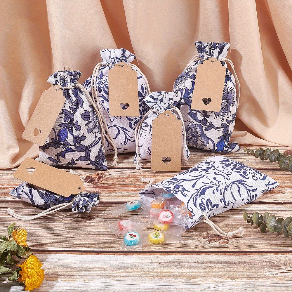 1bag 12pcs Burlap Pouches Polyester Drawstring Bags Flower Pattern Blue Burlap