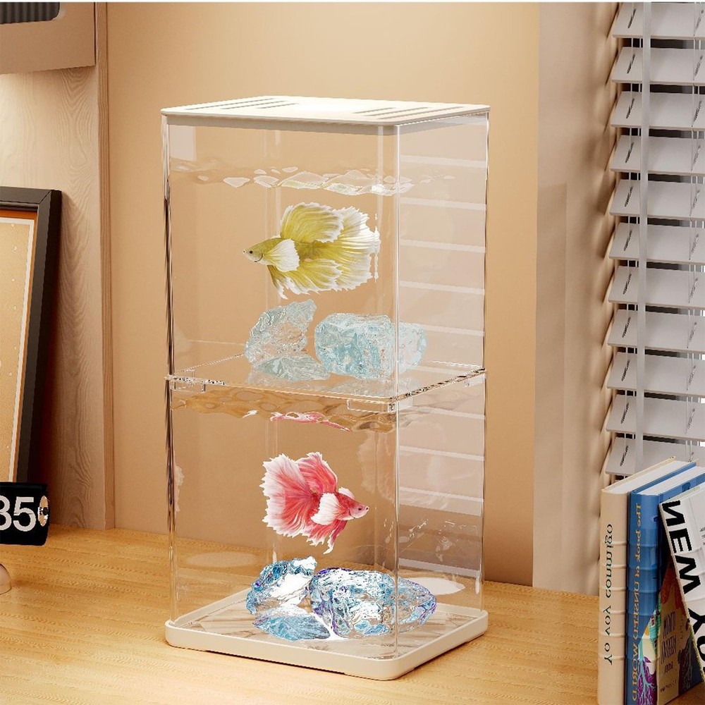 2 Pack 0.3 Gallon Mini Betta Fish Tank With Adjustable Base Light White