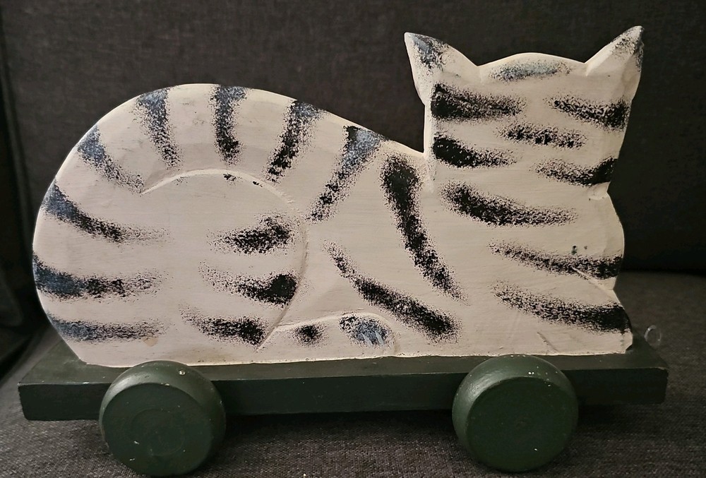 Vintage Wooden Striped Cat Pull Toy