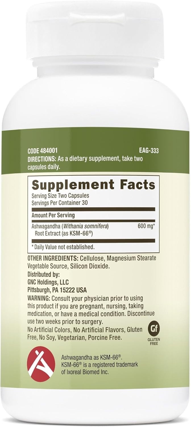 GNC Herbal Plus Ashwagandha 600mg Supplement, Clinical Strength, Vegetarian, Str