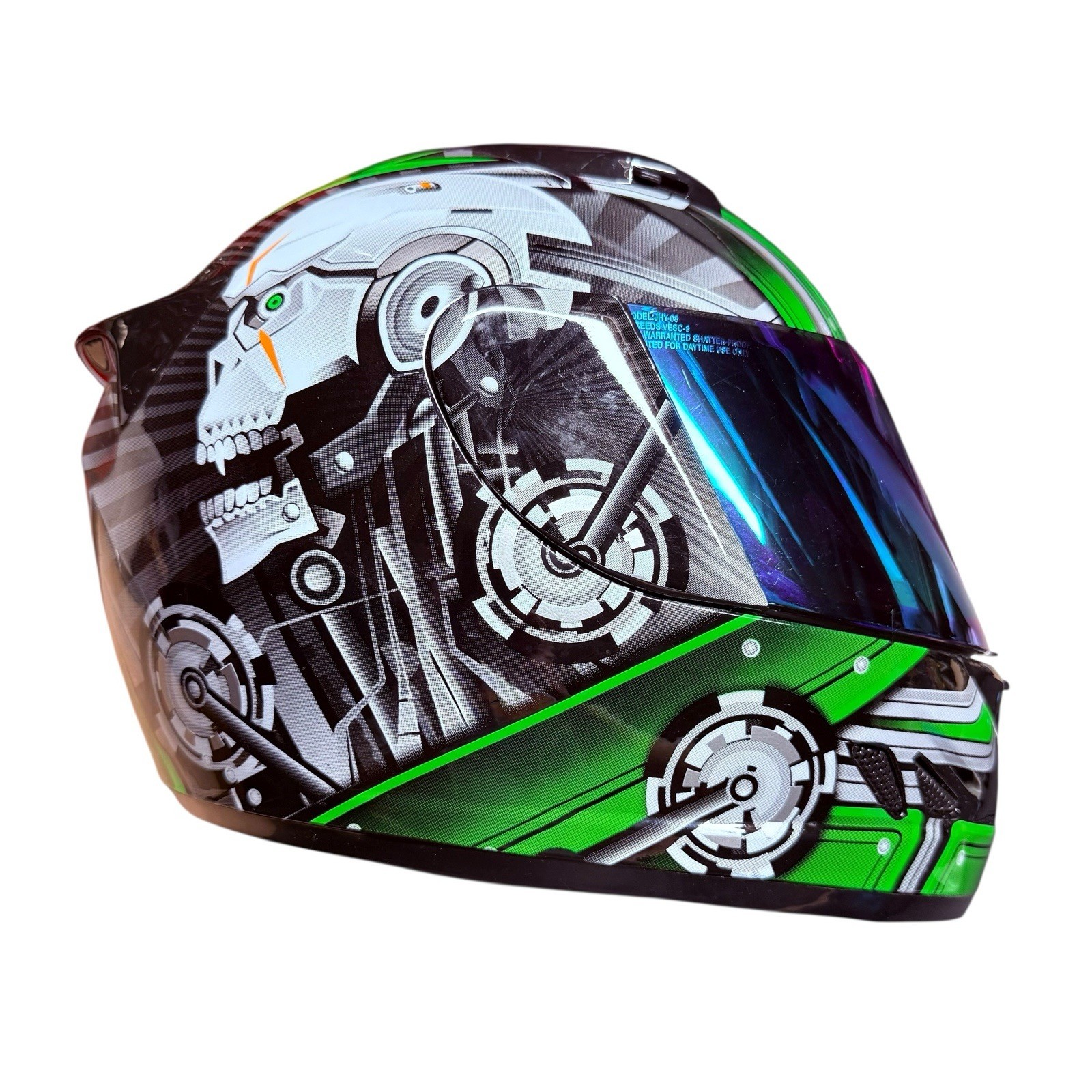 1STORM Motorcycle Bike Full Face Helmet Mechanic Skull Green Large