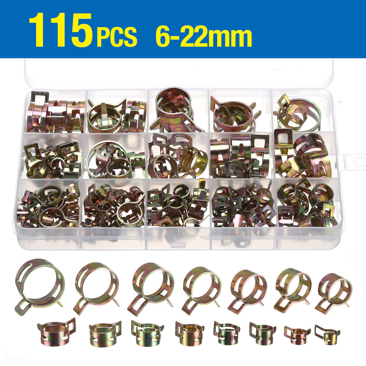 115pc Hose Spring Clamps Fastener Fuel Water Line Pipe Air Tube Clips Kit 6-22mm