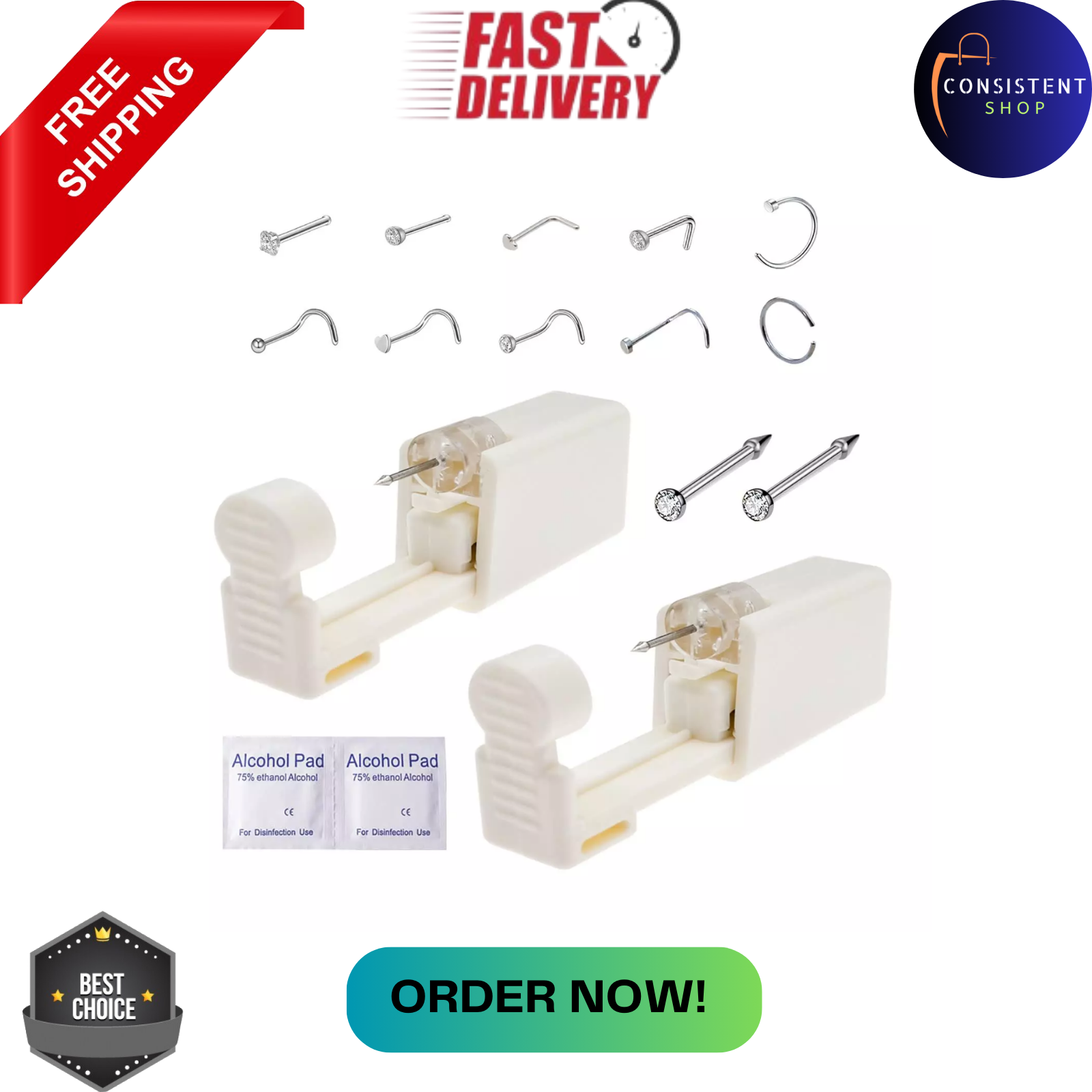 Nose Piercing Kit, 2 Pack Disposable Self Nose Piercing Gun with ring