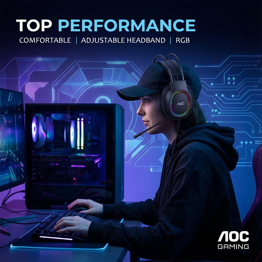 AOC USB Wired Gaming Headphone Computer PC Headset RGB Lighting w/ Mic ACG2500
