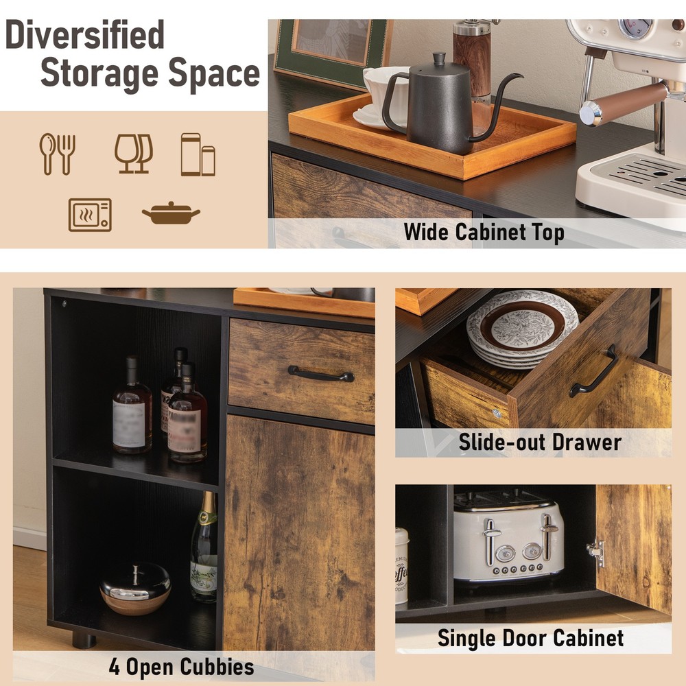 48" Industrial Buffet Sideboard, Kitchen Cupboard with 4 Open Cubbies