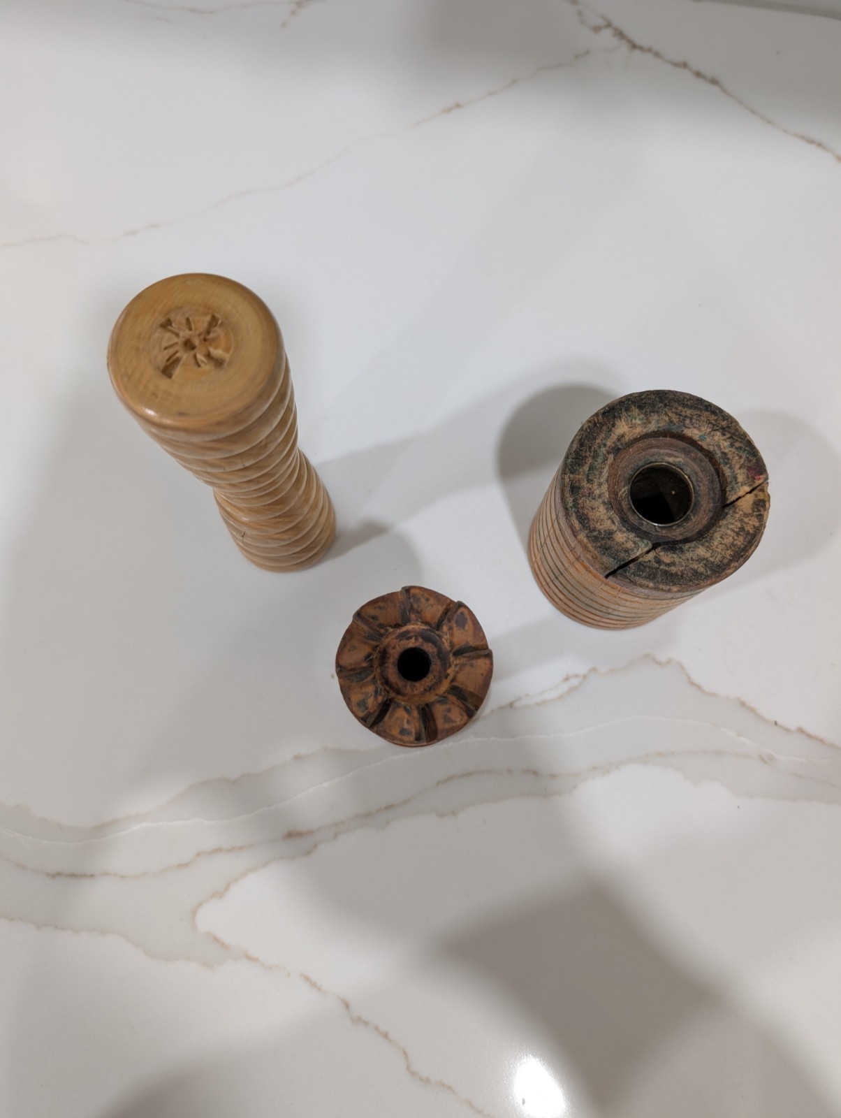 Vintage Set Of 3 Wooden Textile Bobbins Spools Industrial Sewing Primitive Decor