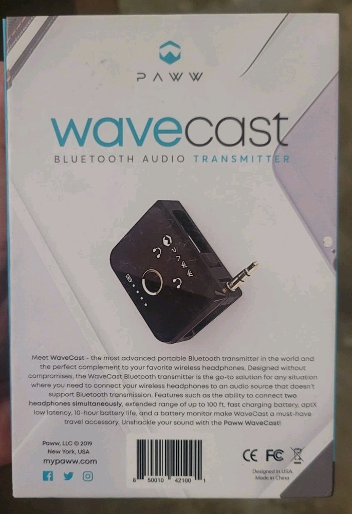 Paww WaveCast Bluetooth 5.0 Audio Transmitter Open Box Dual Headphone 3.5mm