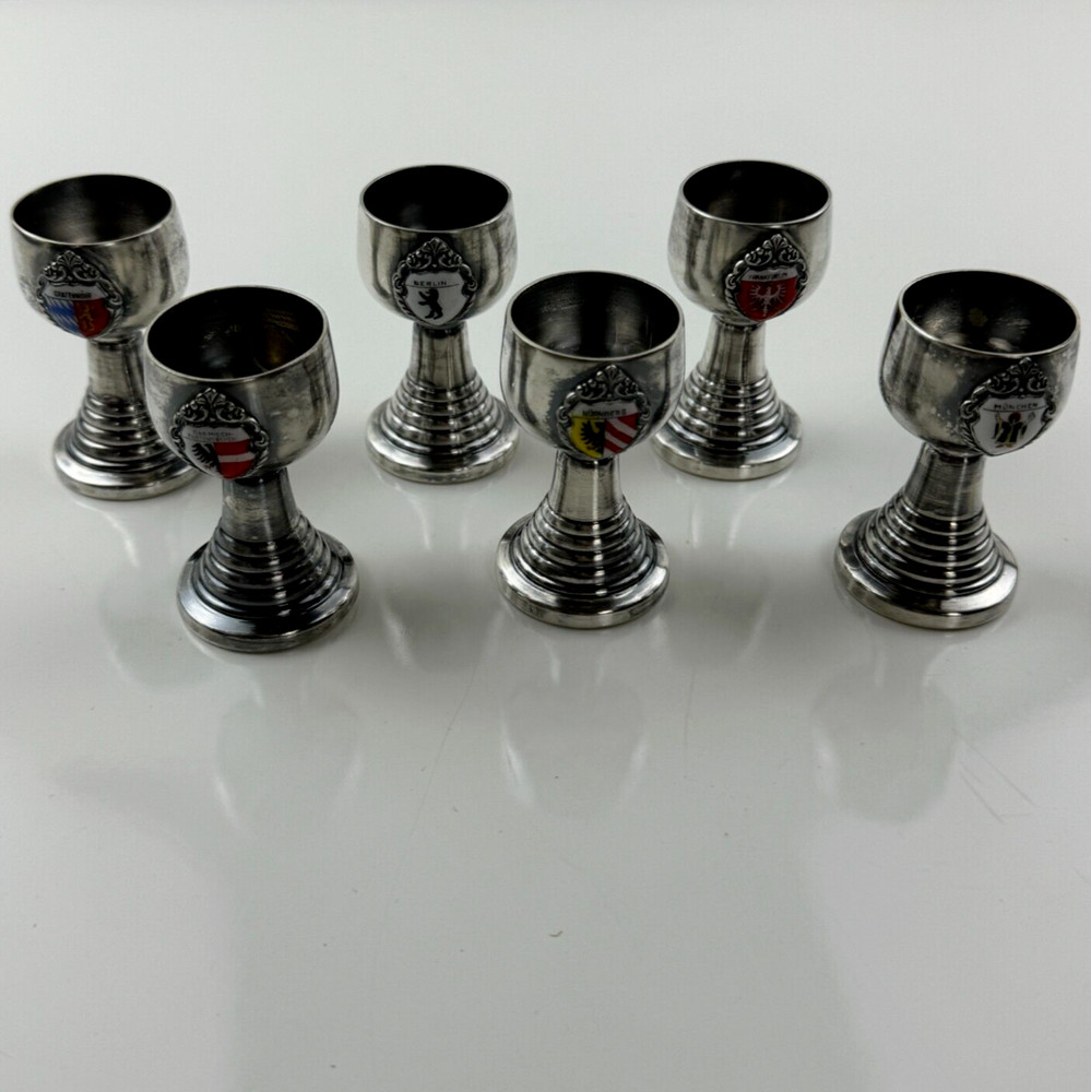 German Vintage Set Of 6 Mini Silverplate Goblets Enamel Cities States Cordials