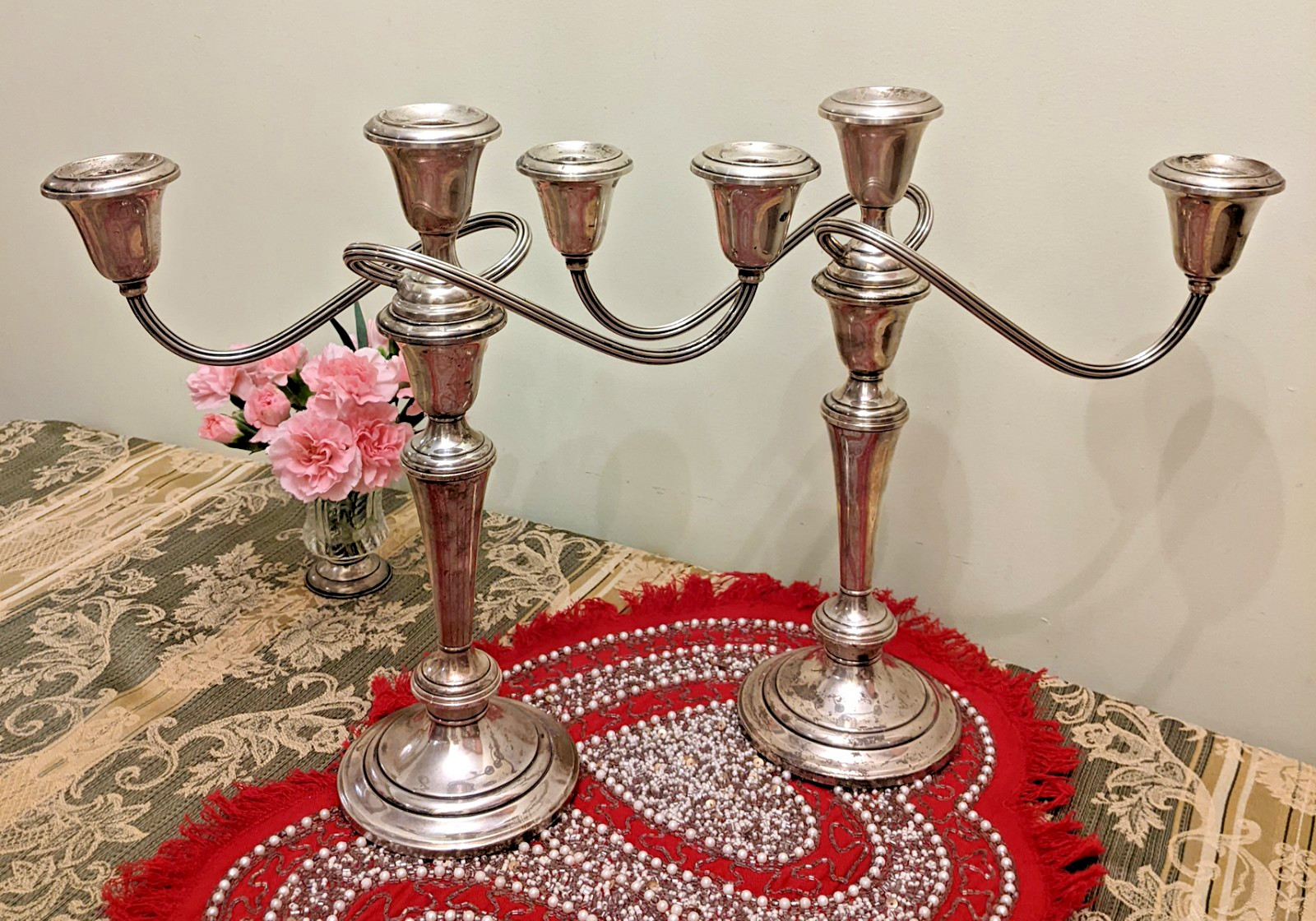 Pair Sterling Silver Weighted Candlesticks Gorham 3 arm  11 1/2"