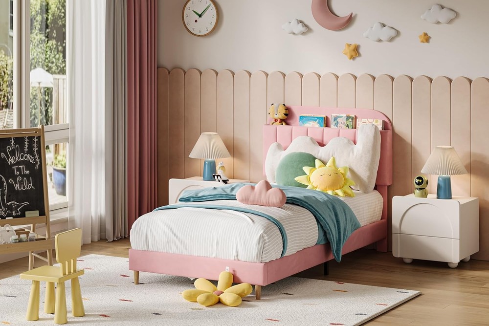Twin Bed Frame with Storage Headboard for Kids Upholstered Platform Bedframe