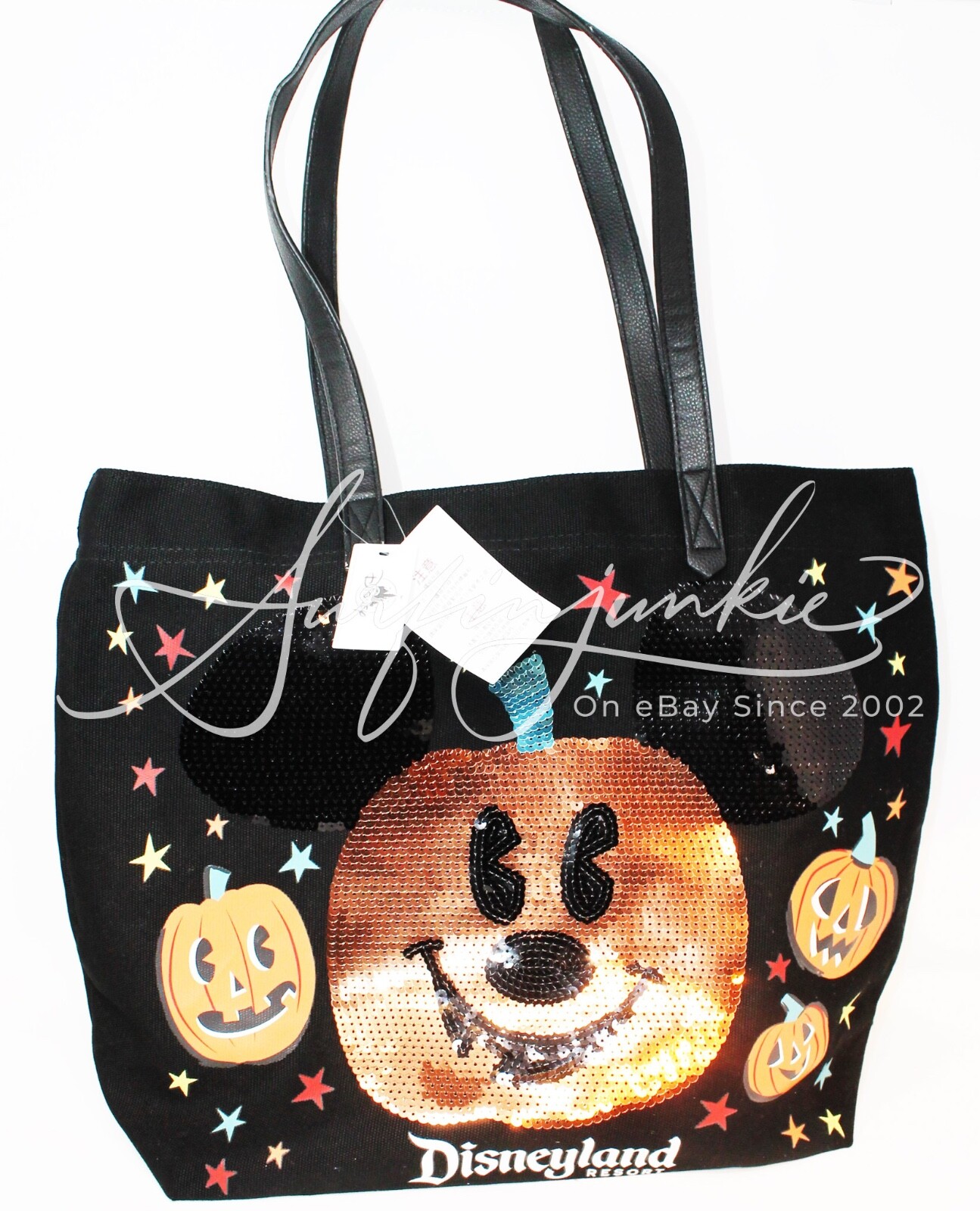 Disney Parks Mickey Mouse Happy Halloween Pumpkin Orange Sequin Tote Bag Black