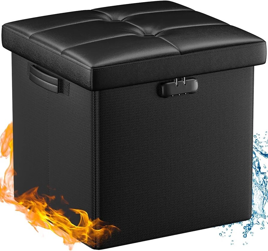 Storage Ottoman Fireproof Folding Ottoman Cube Storage Stool with Lock Leather
