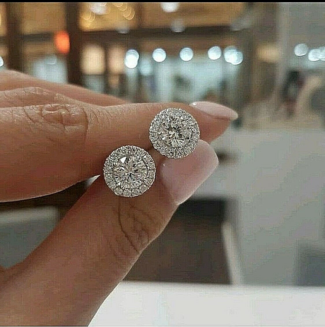 4 Ct Halo Round Cut VVS/D Lab Created Stud Earrings 14K White Gold Push Back 8mm