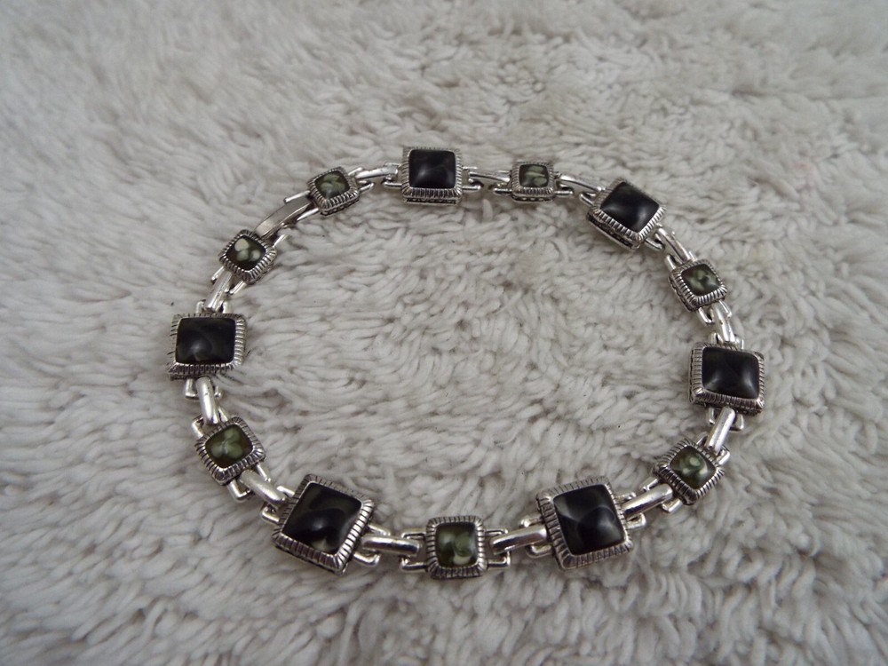 Silvertone Black Gray Bead Bracelet