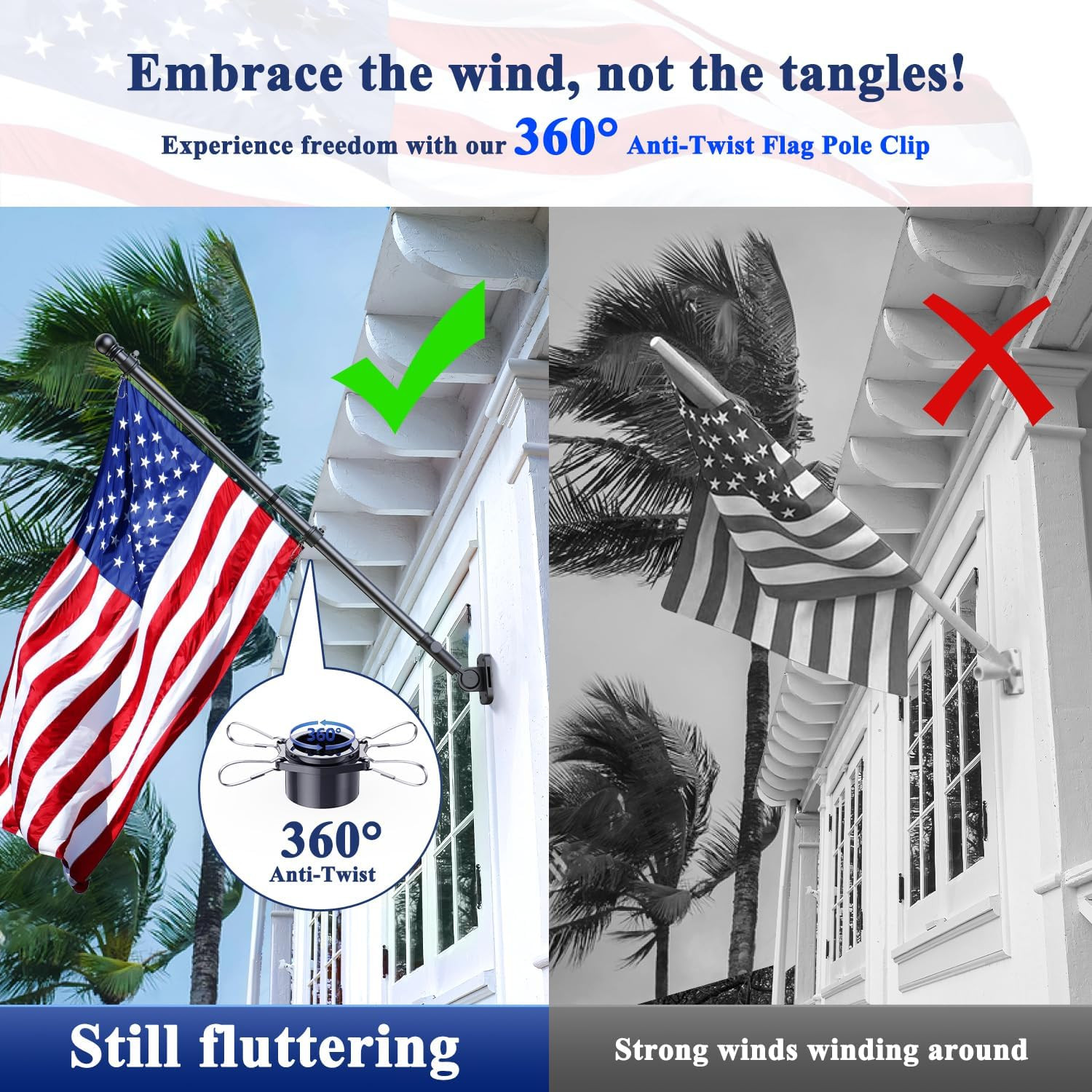5 FT Flag Pole, Tangle Free Spinning Stainless Steel Weather Resistant Rustproof