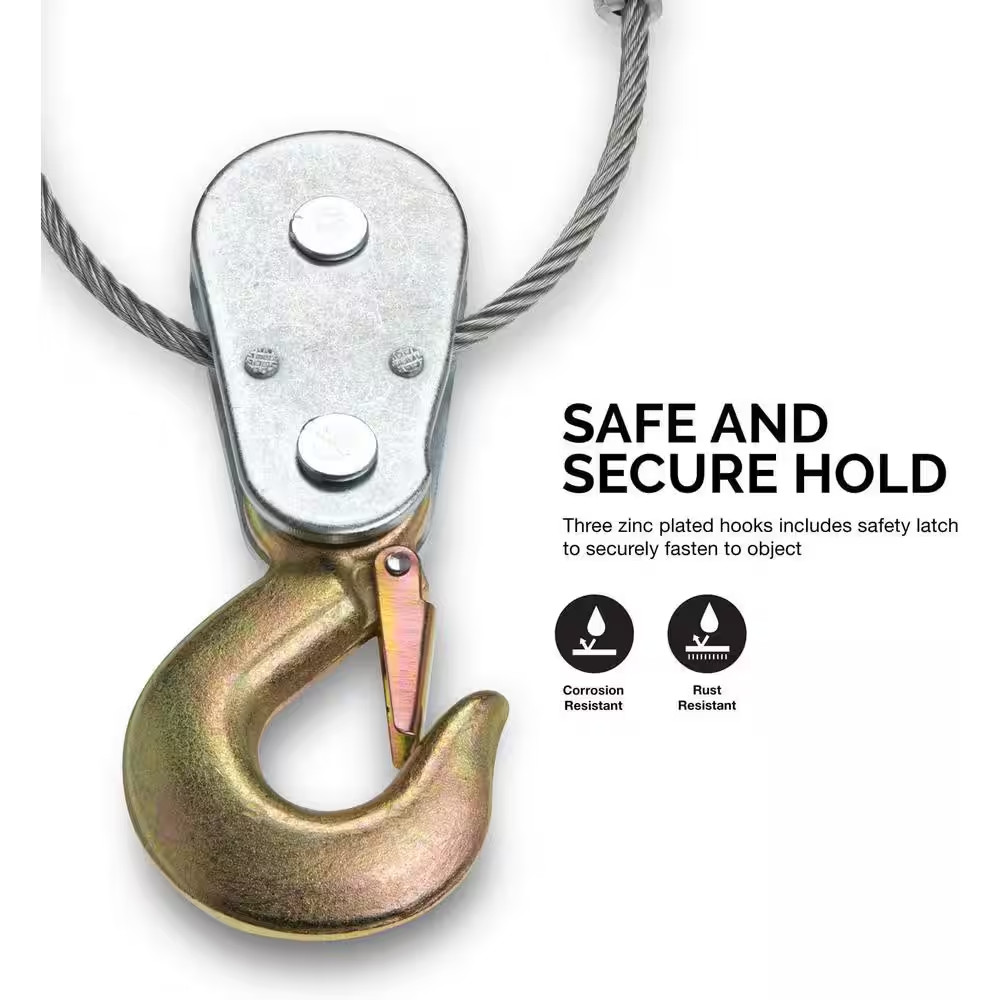 5-Ton Come along Winch, 10,000 Lbs. Pulling Capacity, 10 Ft. Cable, 3-Hooks, Dua