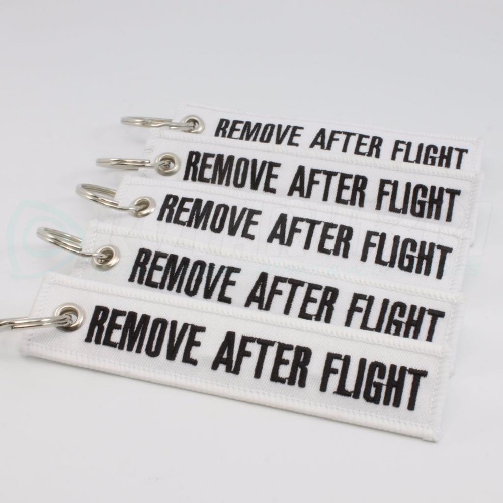 REMOVE AFTER FLIGHT KEYCHAIN QTY= 5 PCS WHITE/black TAGS FLAGS PILOT CREW