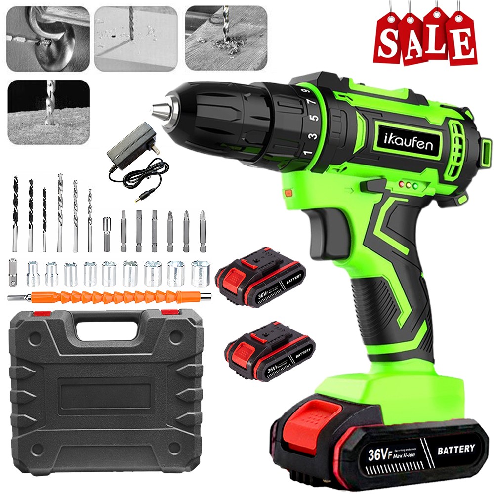 36Volt Drill 2 Speed Electric Cordless Drill / Driver with Bits Set 2 Battery A9