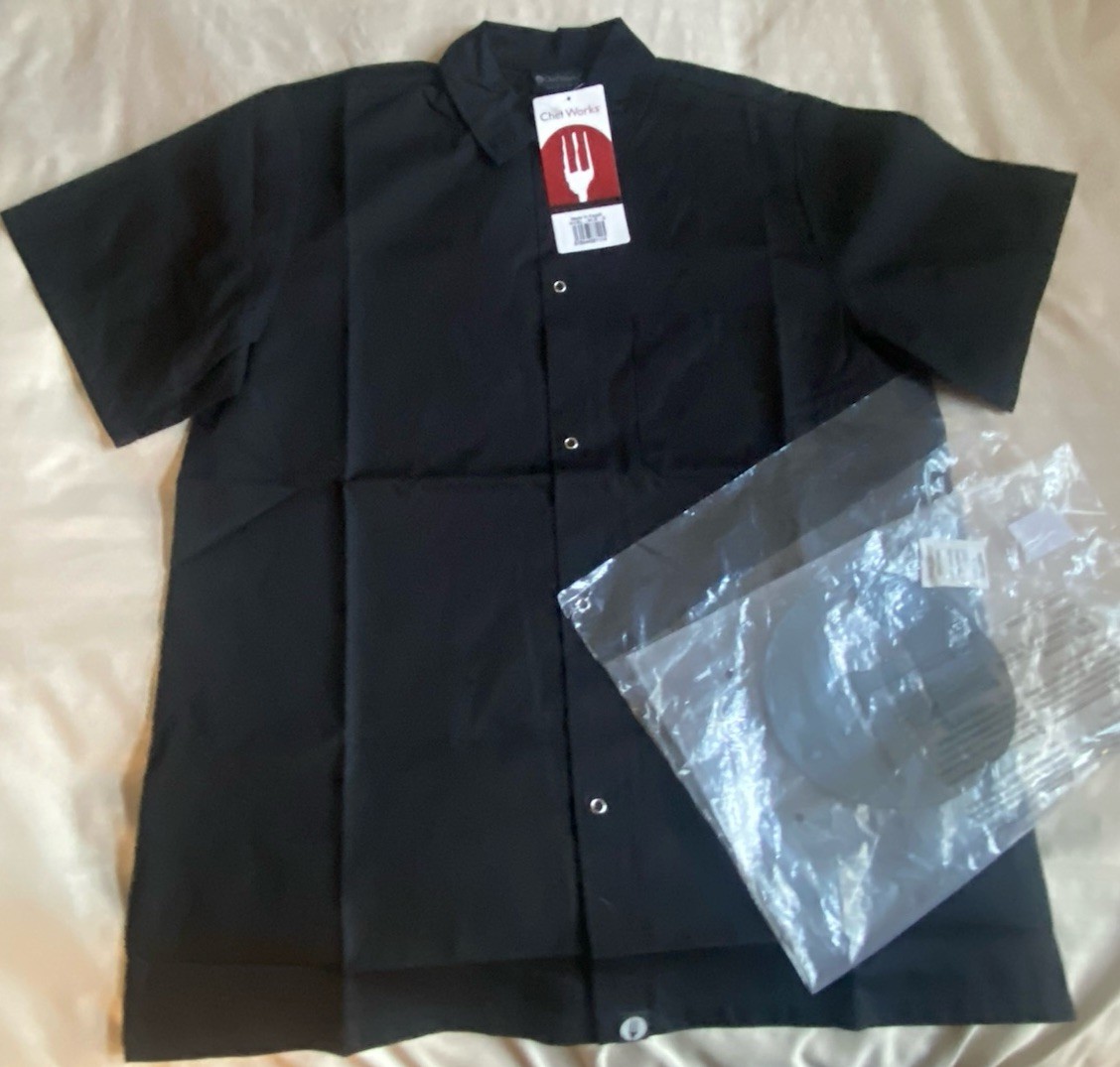 NWT Chef Works KCBL Black Short Sleeve Snap Front Cook Shirt - Mens Size S - NEW